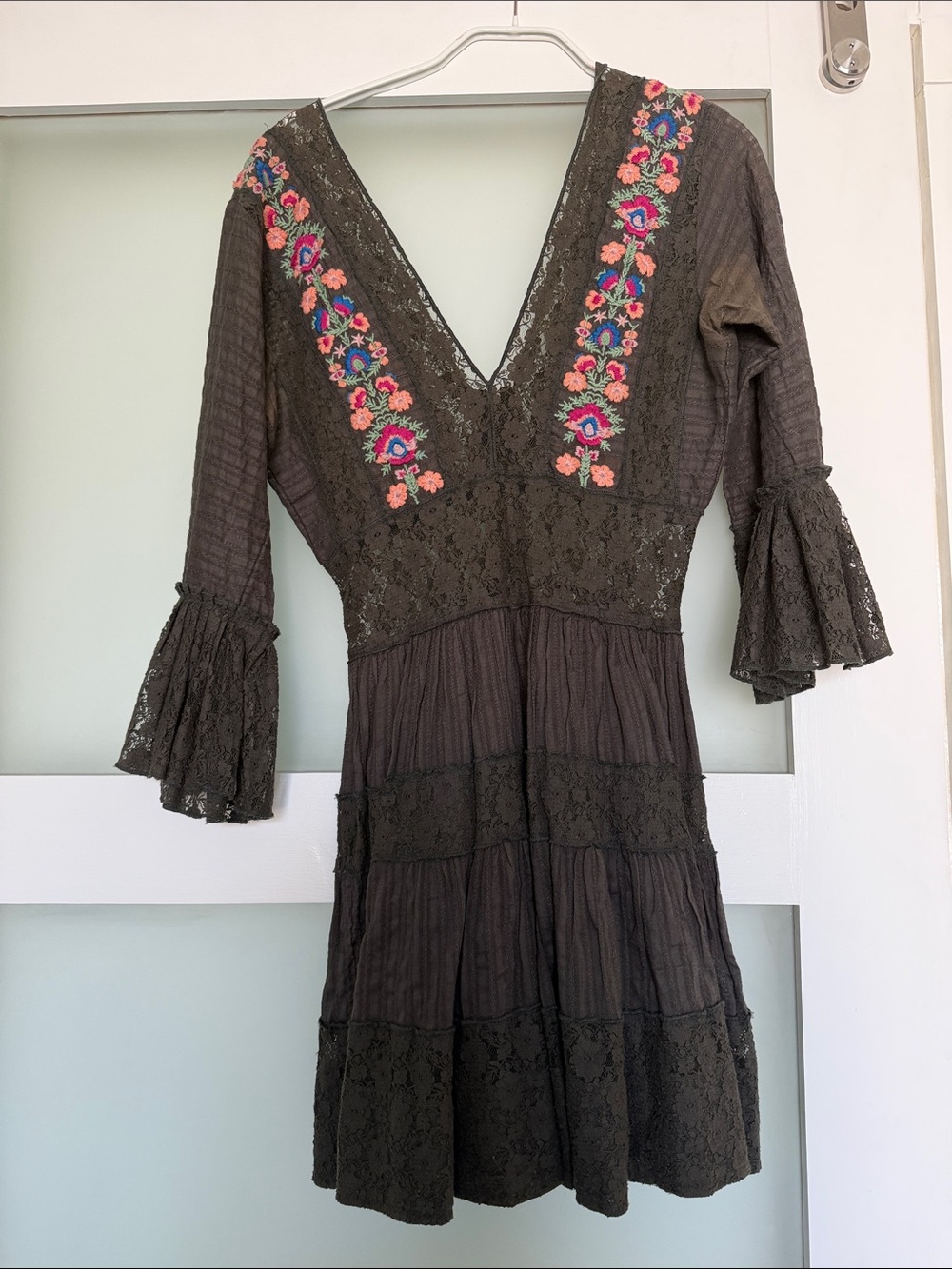 Free People Olive Green Embroidered V-Neck Dress